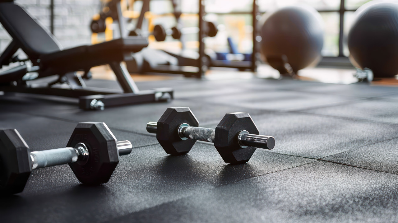 A gym floor with various dumbbells and fitness equipment, no people in sight, showing exercise and training environment