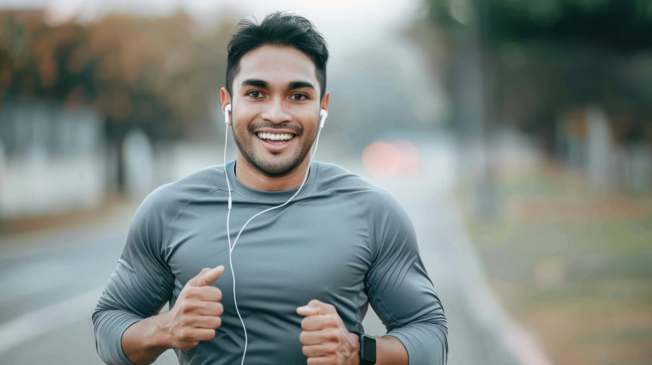 A handsome asian man jogs outdoors wearing earphones and a smartwatch, smiling at the camera in gray sportswear, showing fitness and joy