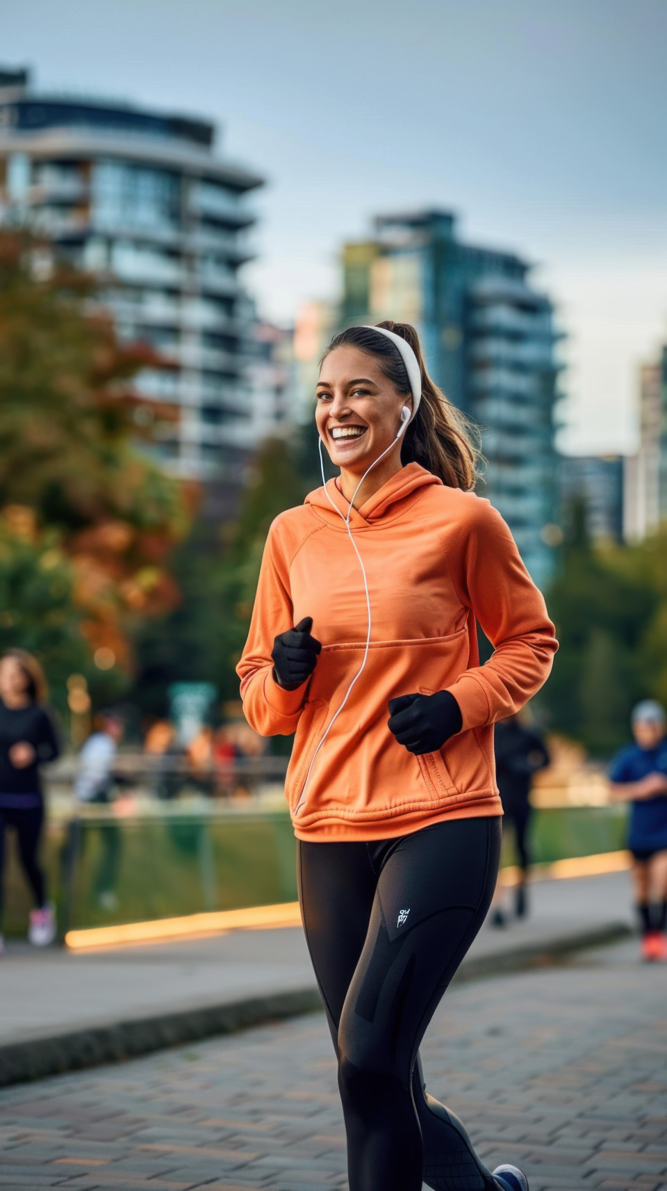 A smiling woman in an orange hoodie and black leggings jogs in the city while listening to music on earphones, showing fitness and urban life