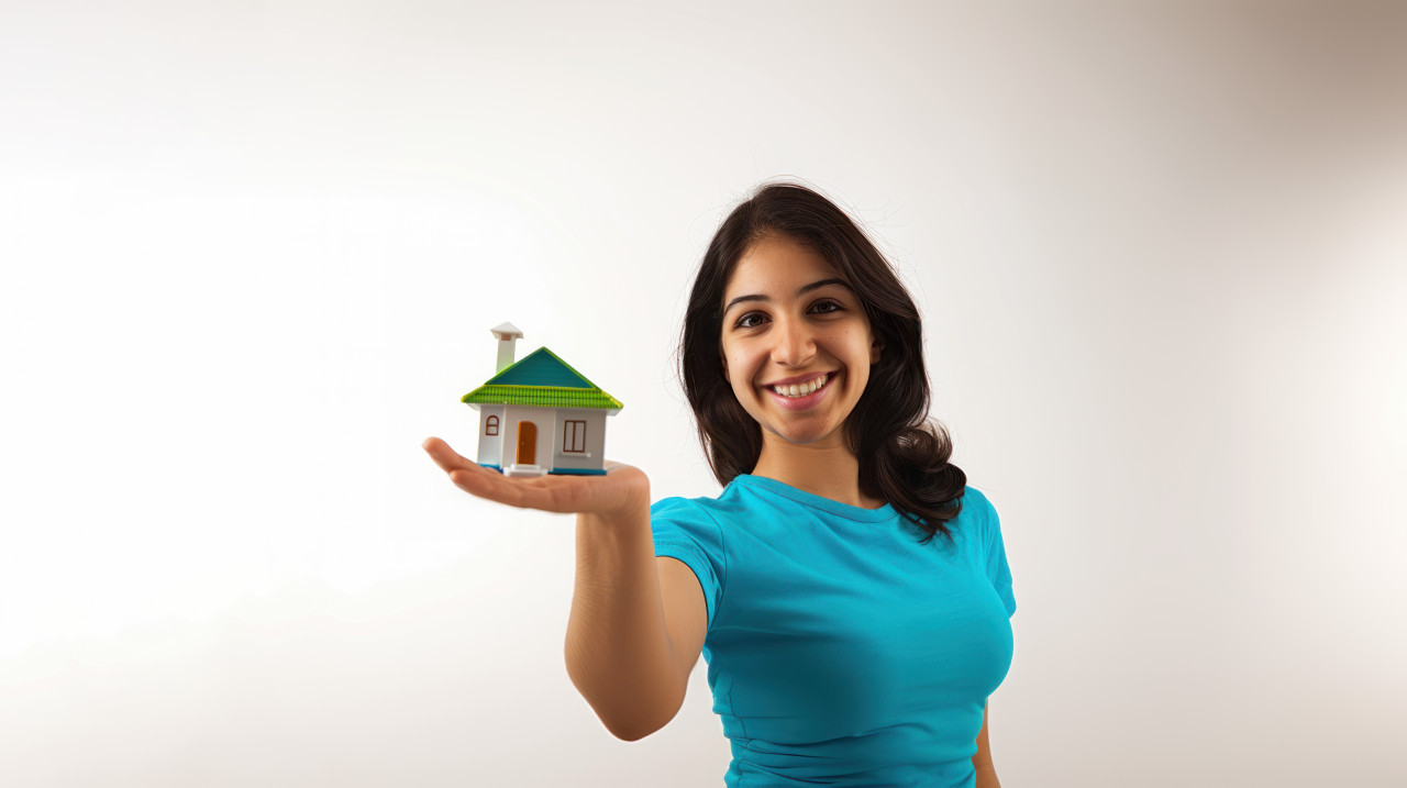 A smiling woman holding out her hand palm up with an open house model on against a stark white background