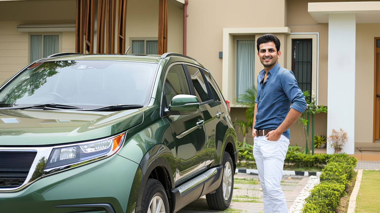 A handsome indian man standing next to his green car parked in front of a modern house