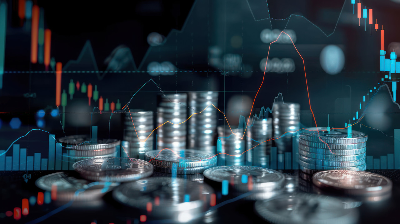 Digital financial charts and graphs with coins in the background, illustrating financial data analysis and investment concept