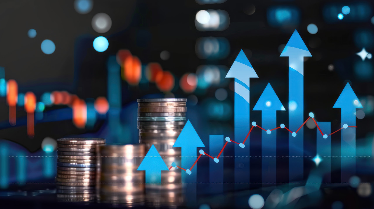 A stock market graph with blue virtual arrows pointing upwards symbolizing financial growth and success