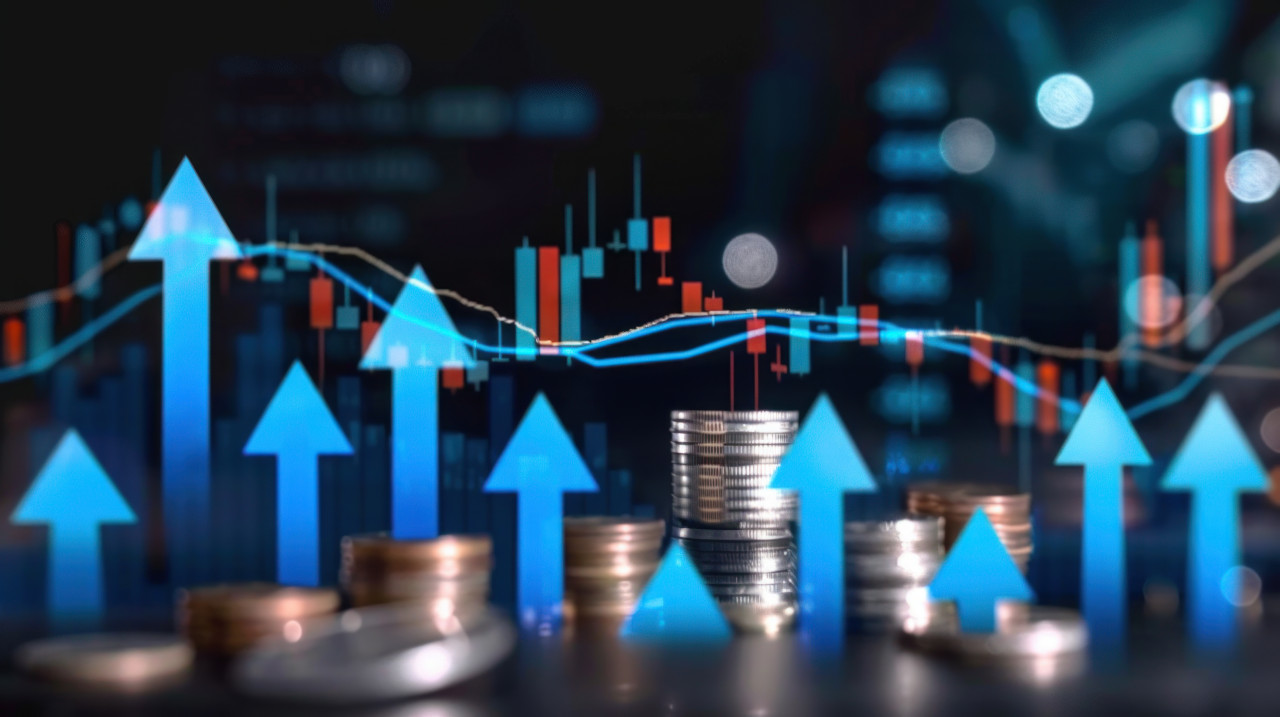 A stock market graph with blue virtual arrows pointing upwards symbolizing financial growth and success