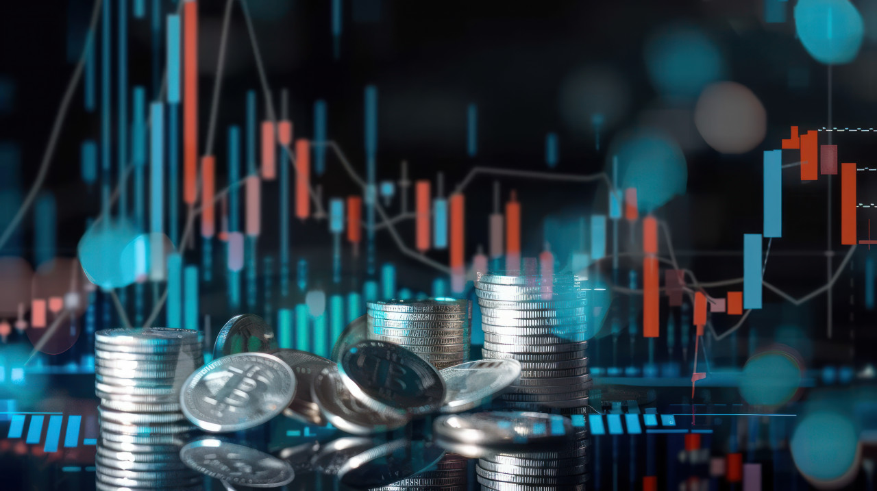 Digital financial charts and graphs with coins in the background, illustrating financial data analysis and investment concept