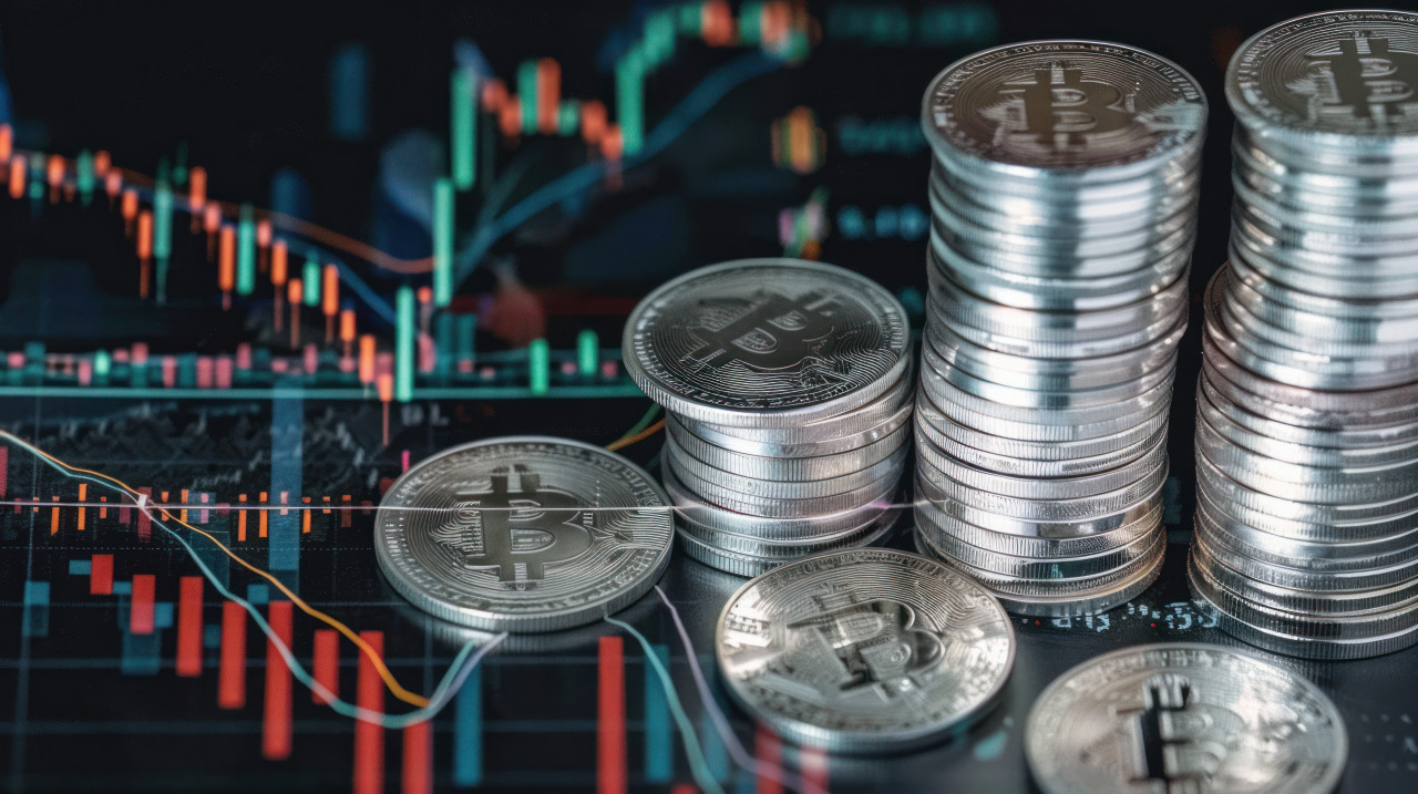 Silver coins with stock market charts on a black background showing finance investment and economic concept