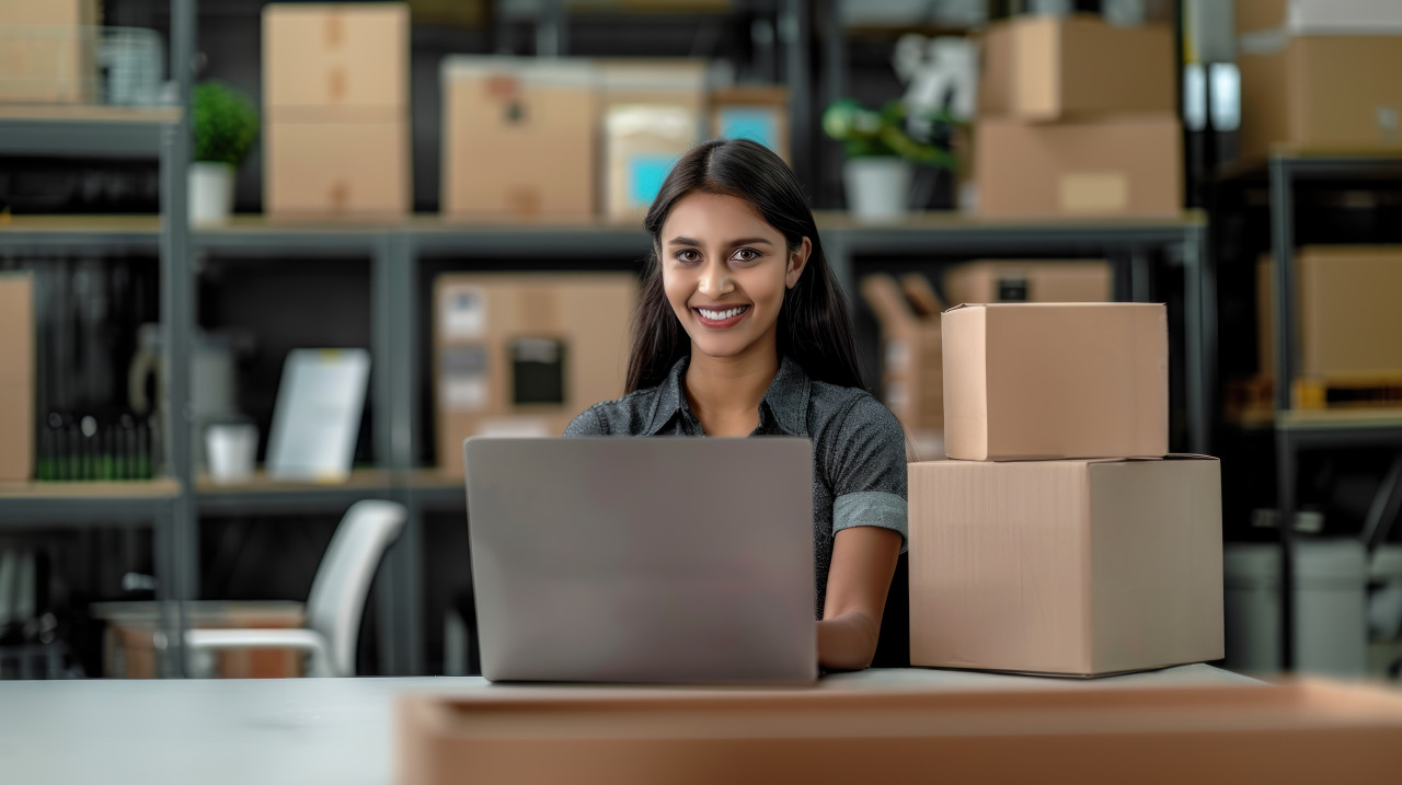 A young smiling indian woman preparing a product for carton box delivery in warehouse demonstrating efficiency and preparation in logistic