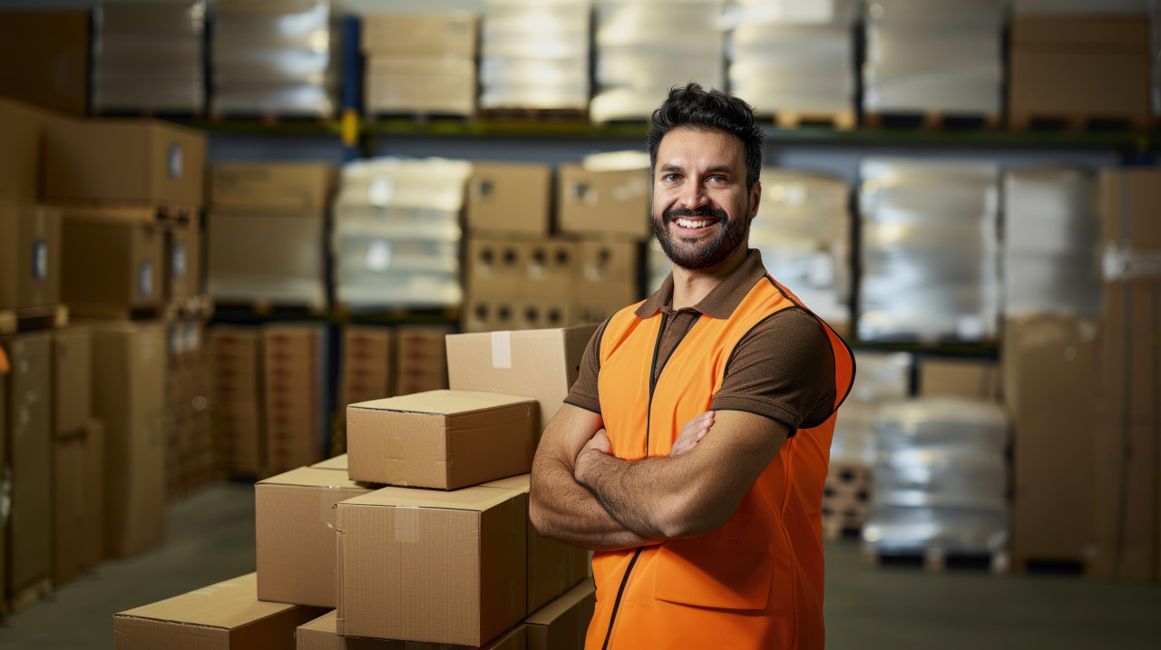 A happy smiling american warehouse worker wearing a yellow vest stands in front of many cardboard boxes showing positive and hardworking concept