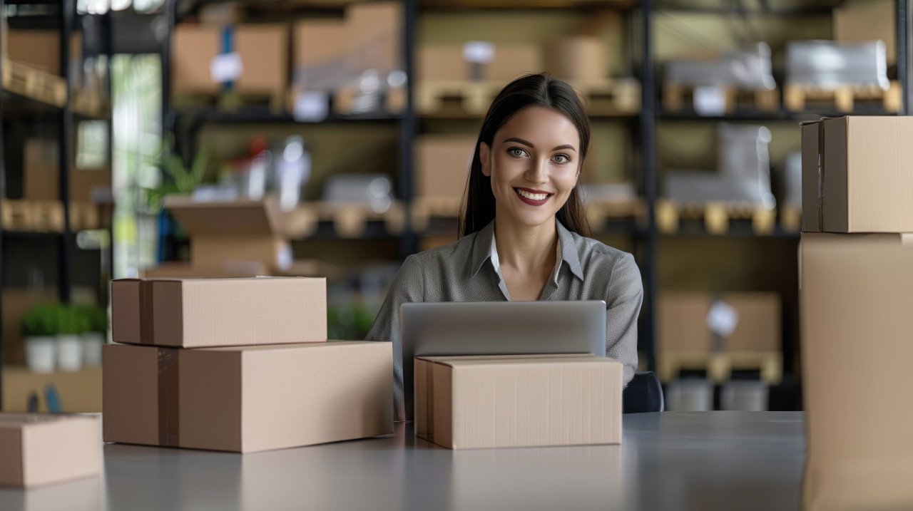 A young smiling american woman preparing a product for carton box delivery in warehouse demonstrating efficiency and preparation in logistic