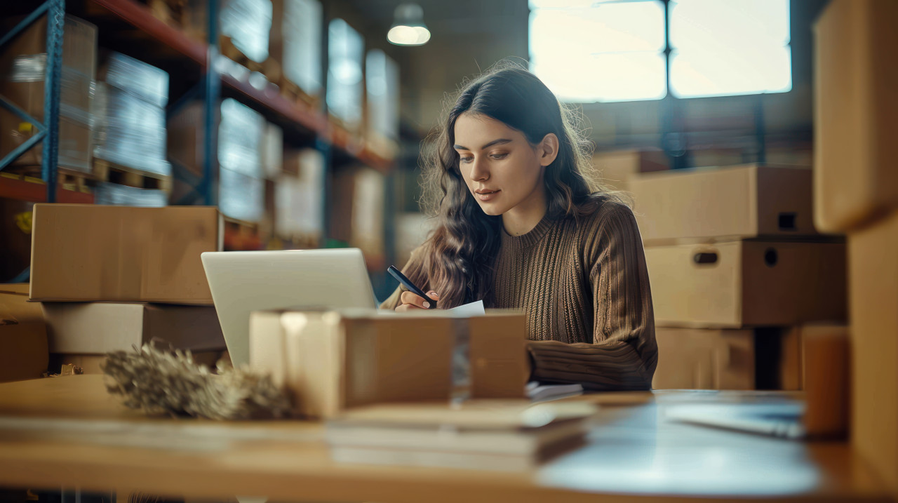 A young american woman sits at desk in warehouse writing on package with marker while using laptop showing work and organization concept