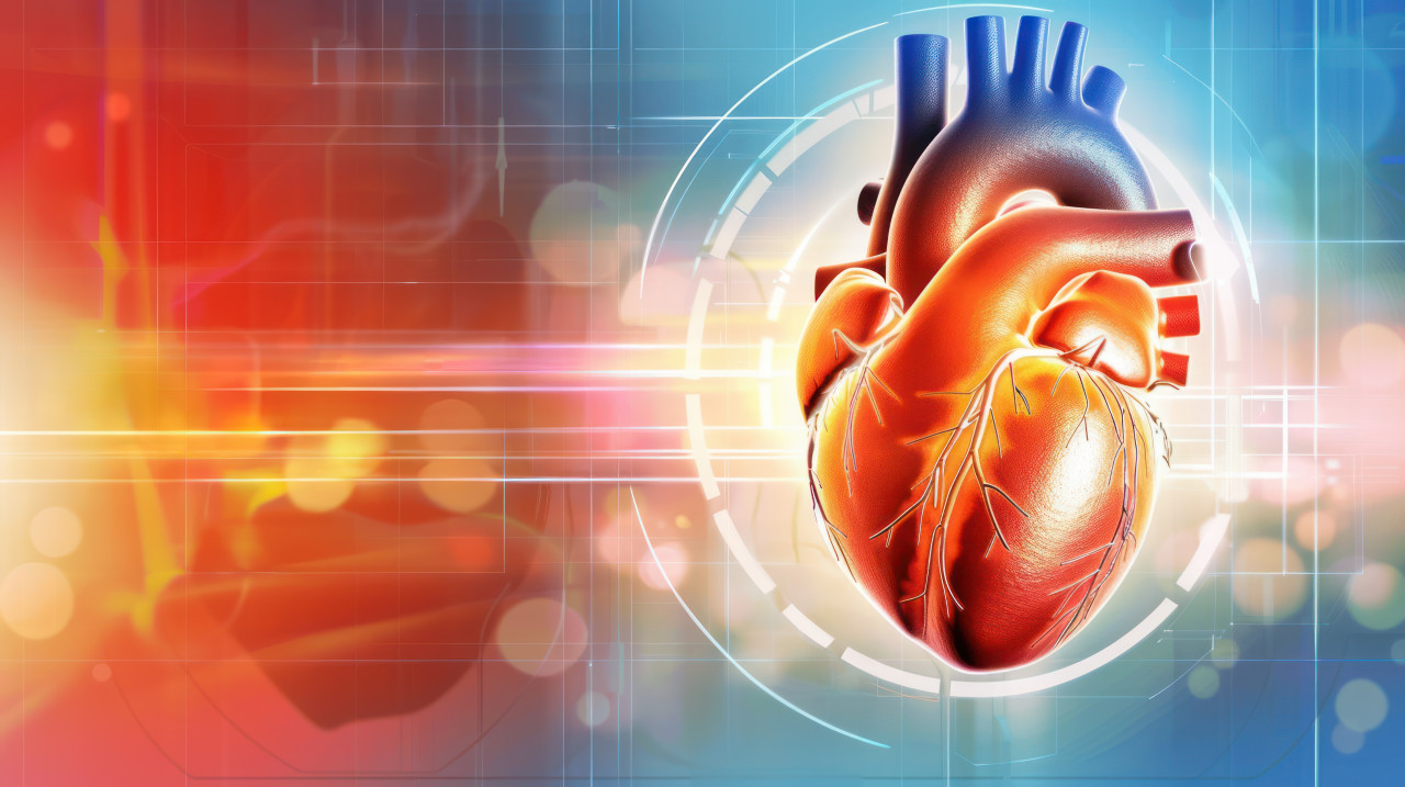 3d render of a human heart with ai wireframe hologram on red and blue gradient background showing futuristic and medical concept
