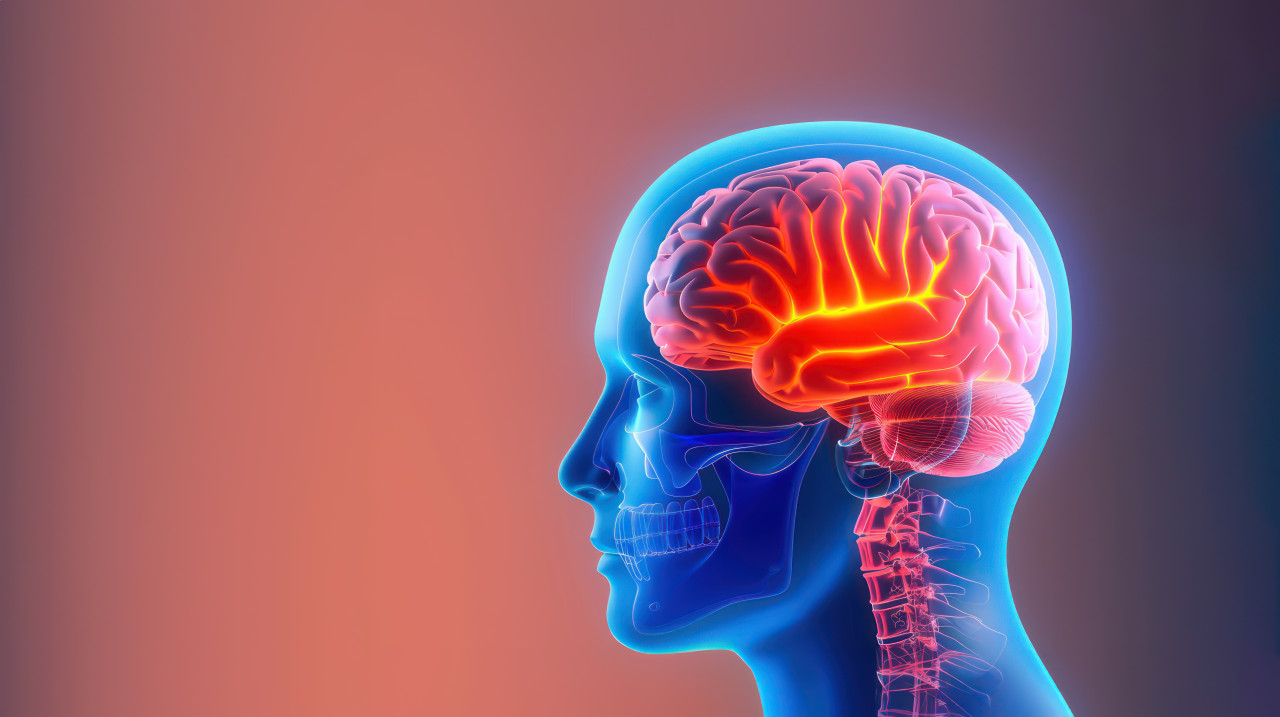 3d rendering of a human head with a brain in a transparent skull on a gradient background symbolizing intelligence and medical science