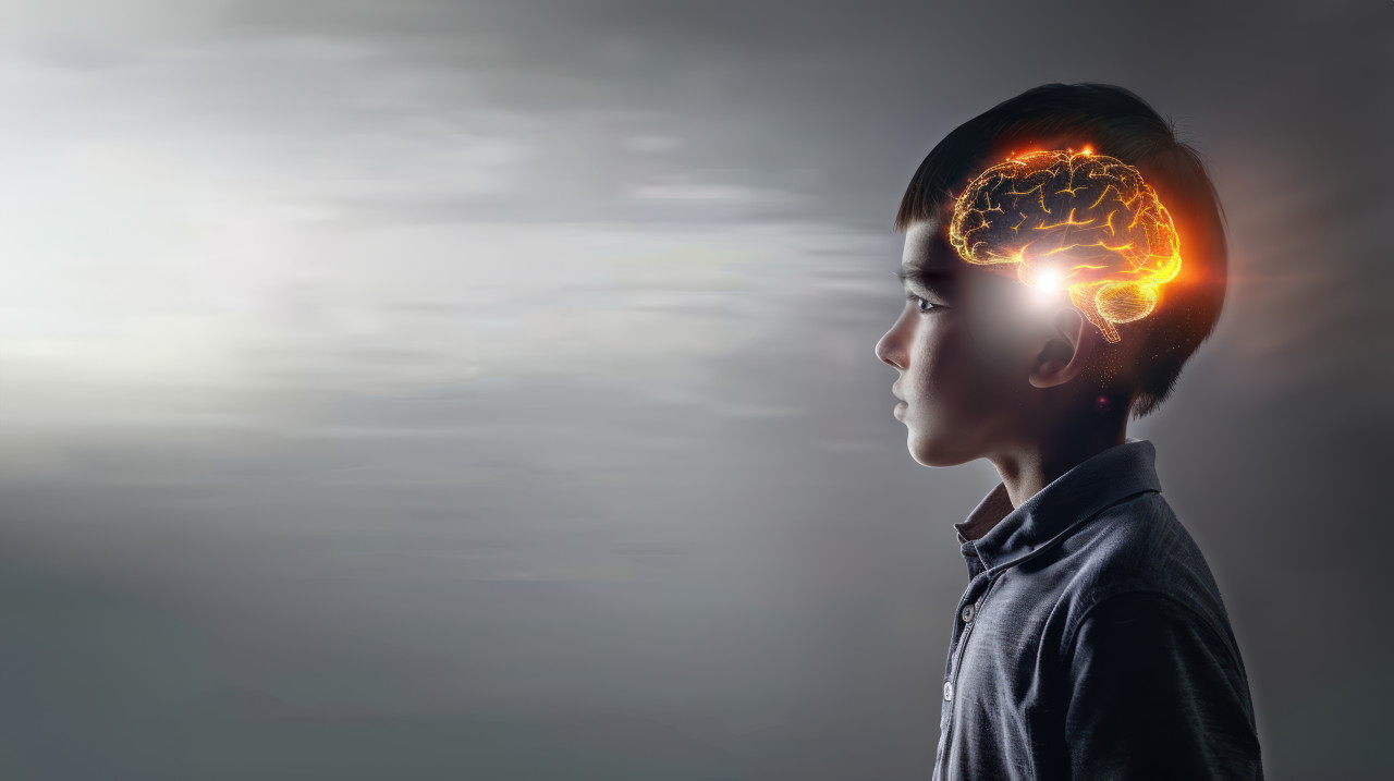 A chinese boy with his head tilted back showing a glowing brain in an ethereal scene symbolizing wonder and intelligence