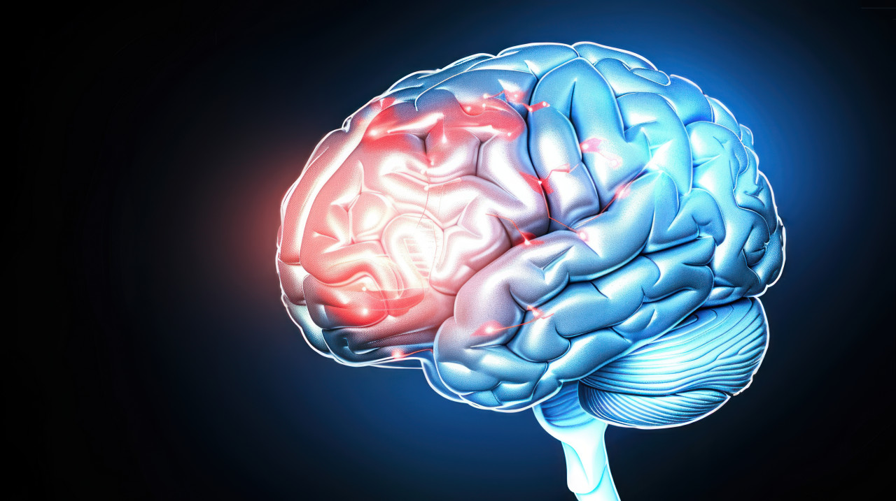 A blue and red glowing brain on a black background symbolizing intelligence creativity and the fusion of technology and human thought