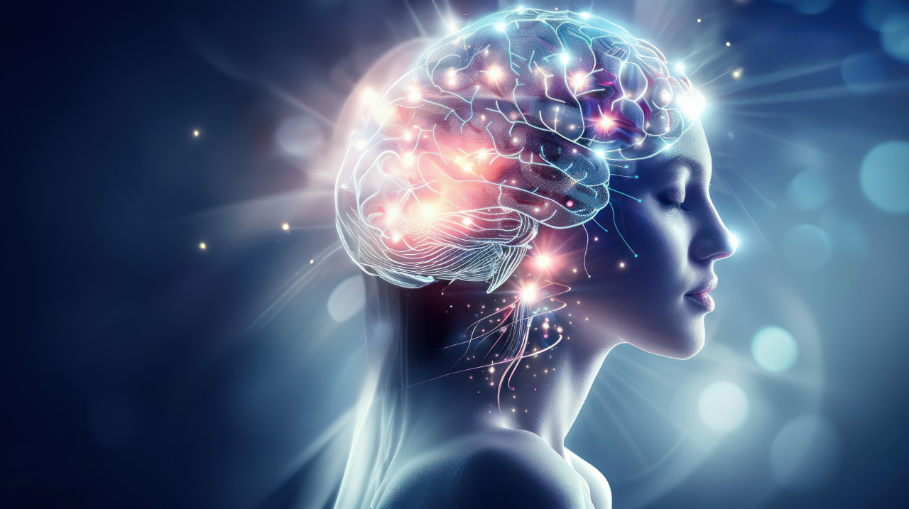 A beautiful woman head with an ai brain, glowing and shining in the dark blue space background symbolizing beauty intelligence and futuristic technology