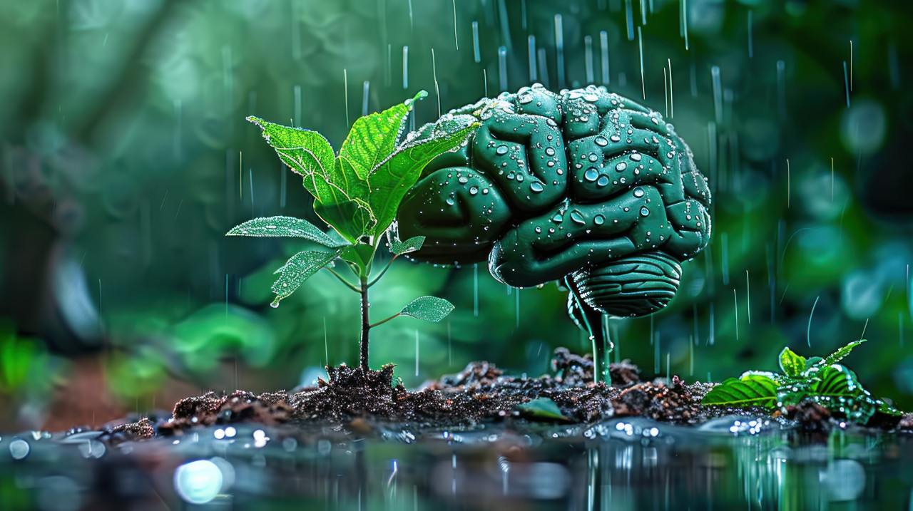 A brain shaped plant sprouting in the ground with water droplets on it and rain falling above it symbolizing growth nature and nourishment