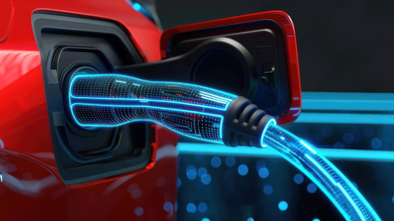 A digital illustration of an electric vehicle charging port with glowing blue digital lines emphasizing futuristic technology and eco friendly transportation