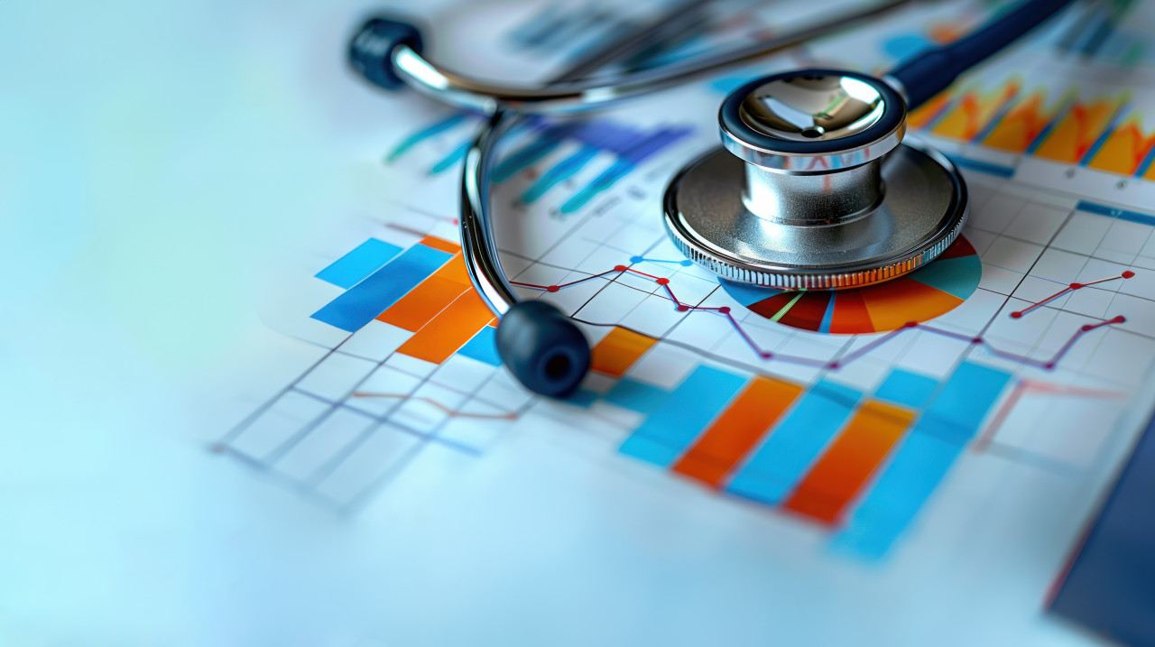 A stethoscope placed on a medical chart featuring graphs and data emphasizing healthcare and medical concepts