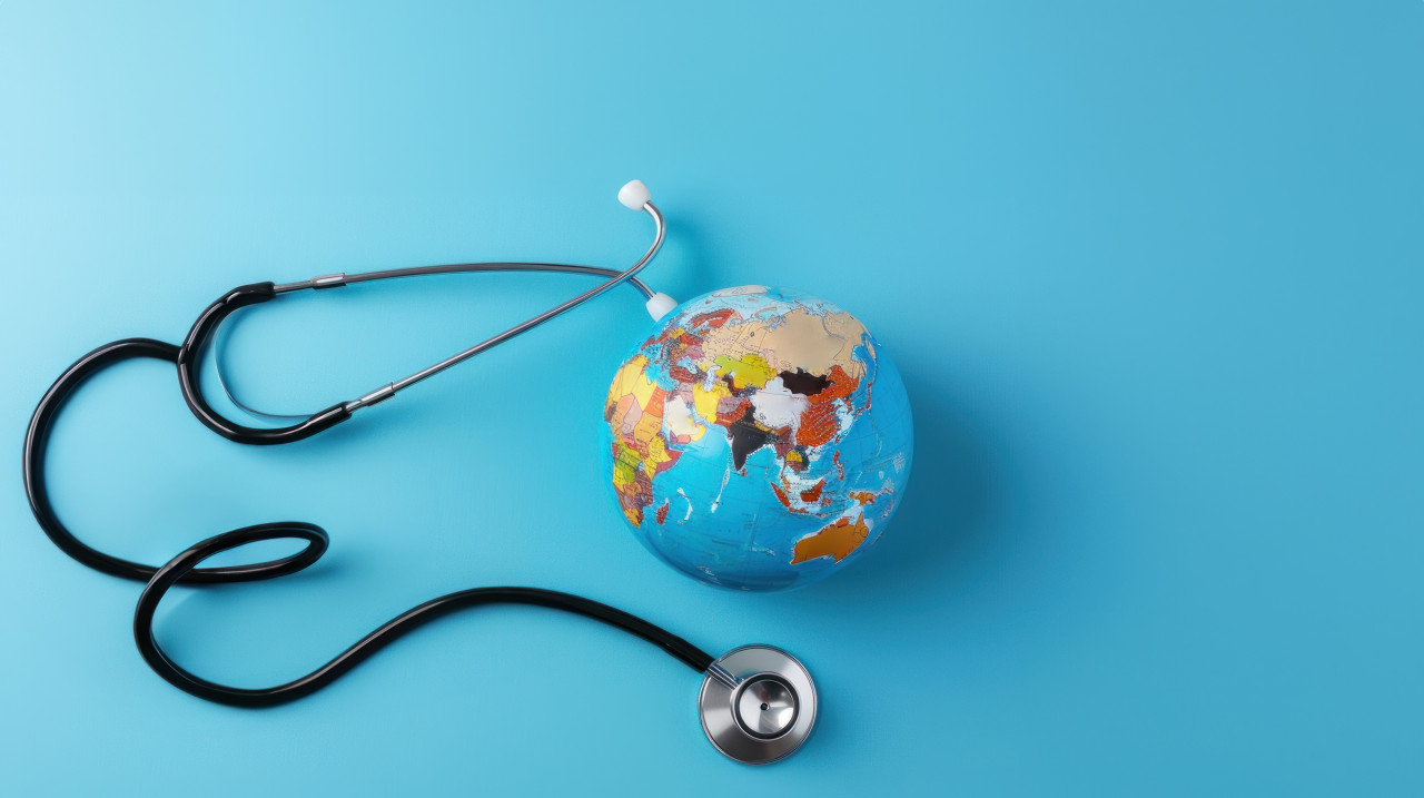 A globe and stethoscope on a blue background representing global health and medical care