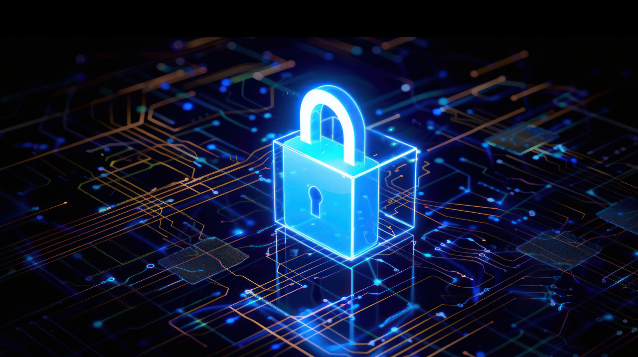 A glowing blue padlock icon on digital cube against dark background symbolizing digital security