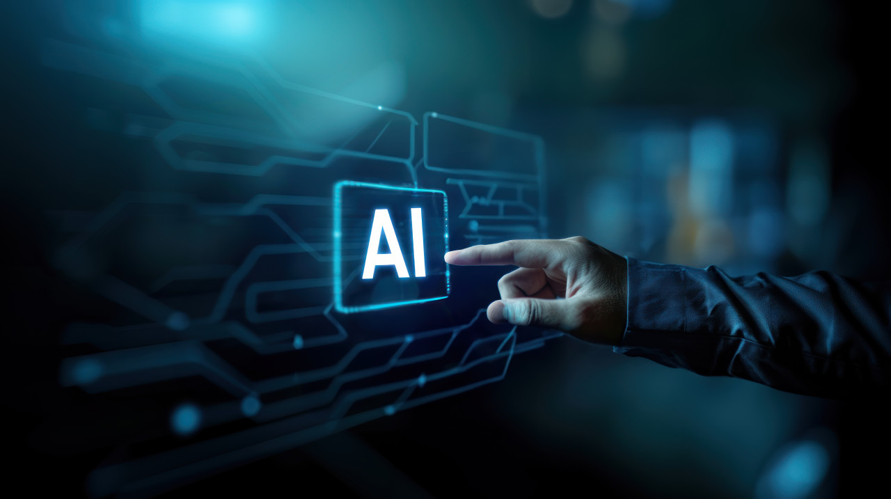 Anthropomorphic hand touching ai digital icons showing ai technology and innovation concept