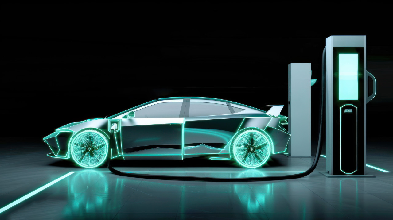 A digital glowing electric vehicle charging at station highlighting futuristic transportation and sustainable energy