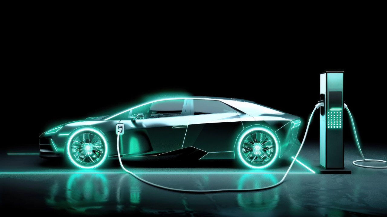 A digital glowing electric vehicle charging at station highlighting futuristic transportation and sustainable energy