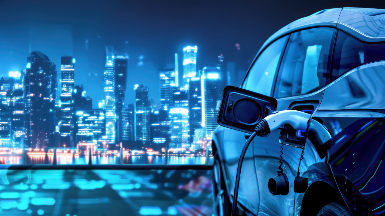 A futuristic electric vehicle charging at night with city skyline background showing eco friendly transport concept