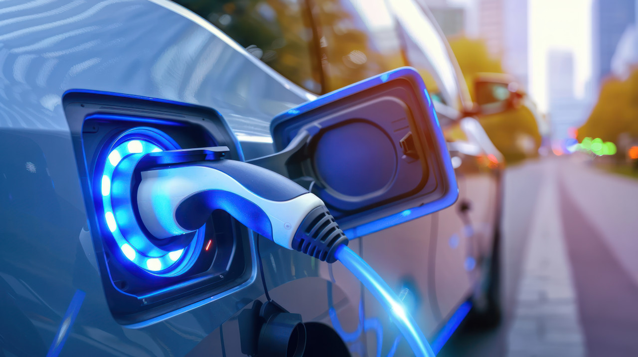 An electric vehicle charging with blue energy flow on charging port electric vehicle concept