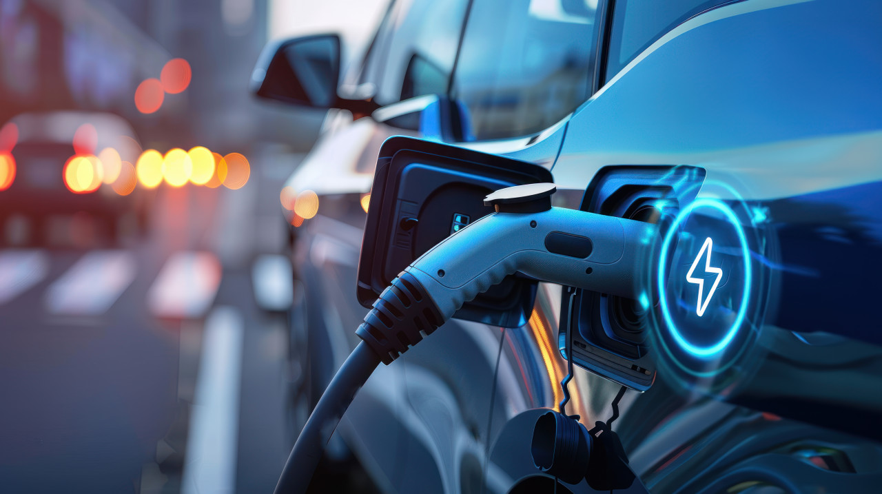 A digital electric vehicle charging with visual glowing energy icon illustrating electric vehicle concept