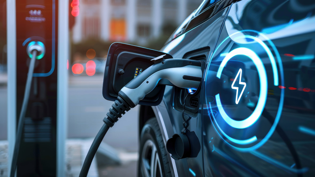 A digital electric vehicle charging with visual glowing energy icon illustrating electric vehicle concept