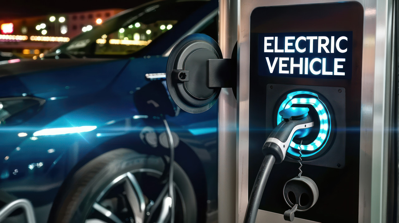 Electric vehicle charging at station with the digital text electric vehicle ev concept