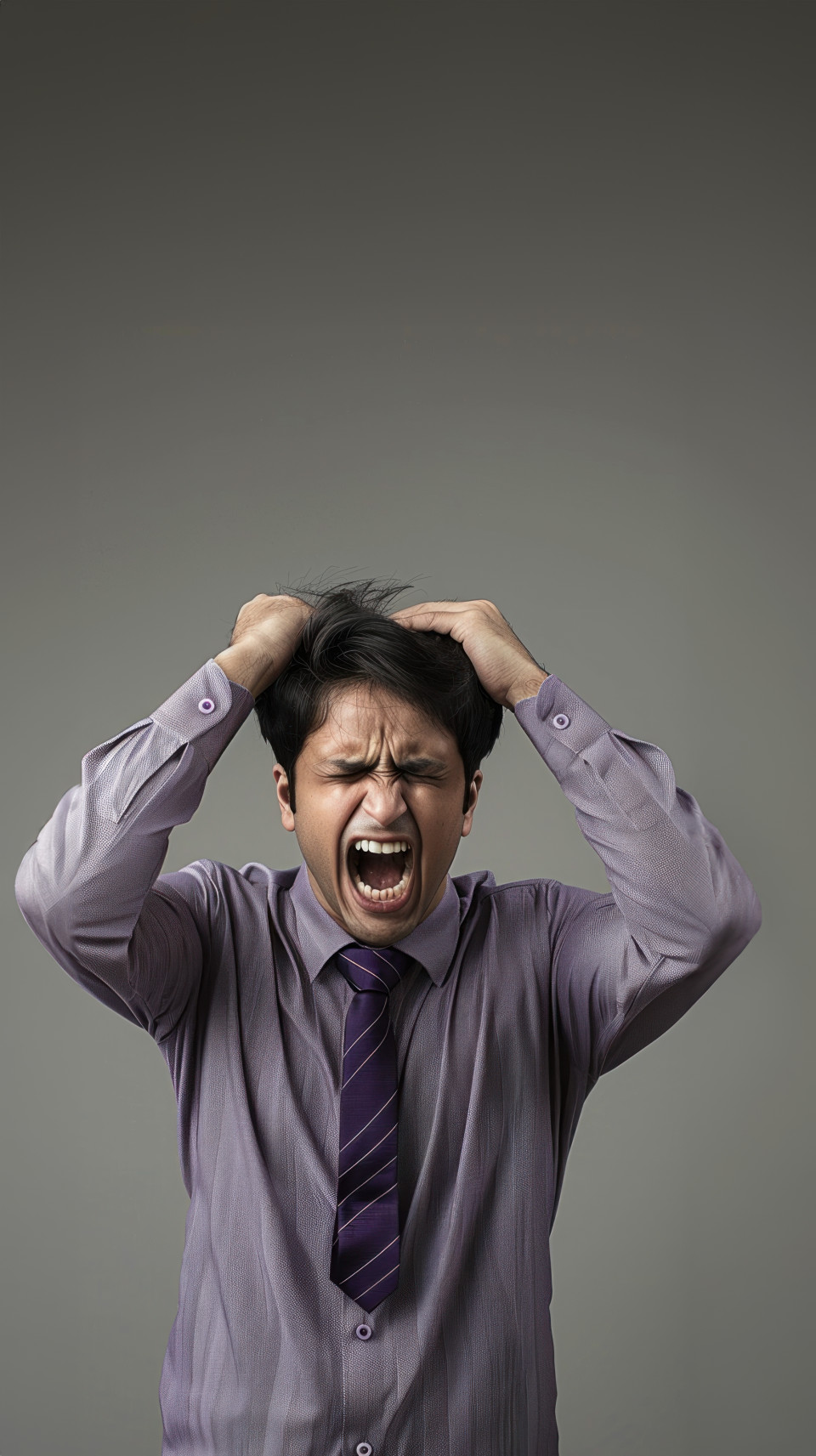 A young indian man in a purple shirt and tie screams with hands on his head healthcare and headache concept