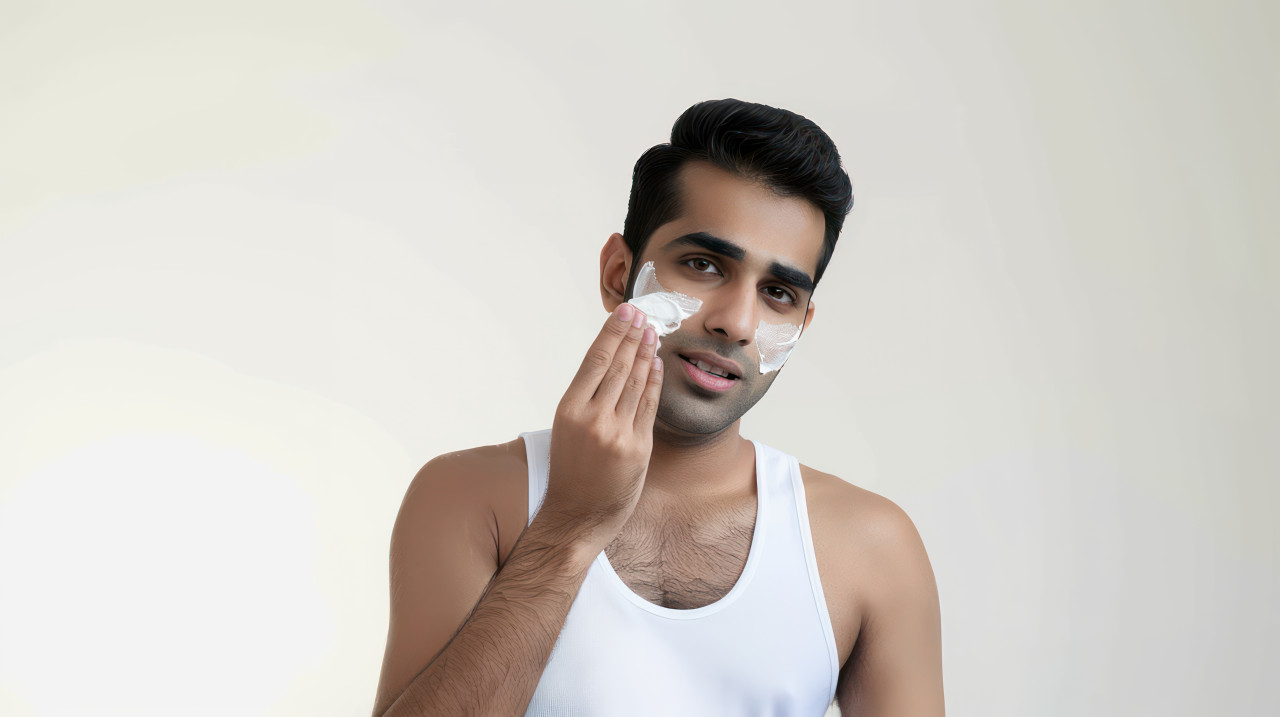 An indian handsome man wearing white tank top applying cream on face isolated in white background skincare concept