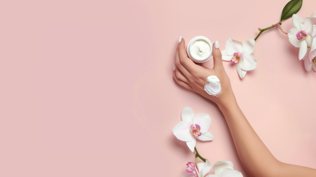 A woman hand with white nail polish applying cream on her arm skincare concept