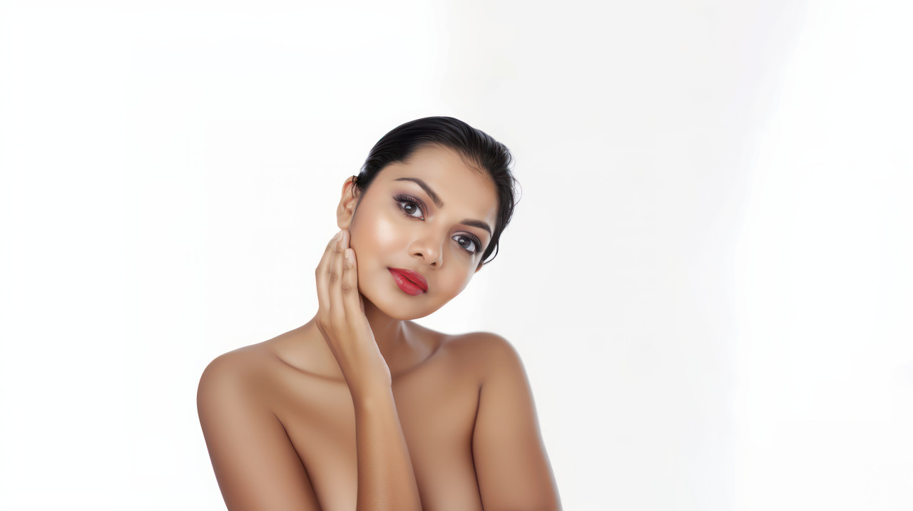 An indian woman with a perfect face and woman touching her cheek against a white background skincare background