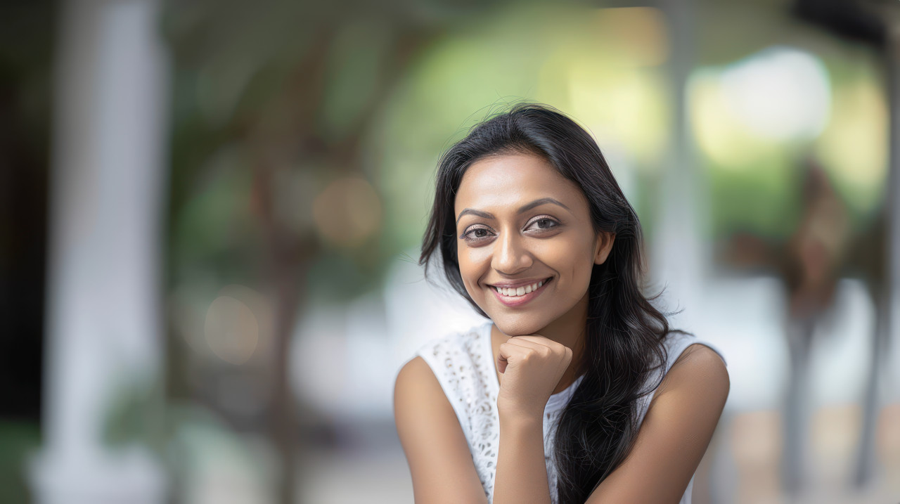 An indian woman smiling with her hand under her chin in posing for a blurred background skincare concept