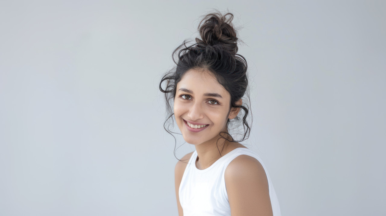 An indian woman wearing a white sleeveless top smiling against a plain light grey background skincare concept