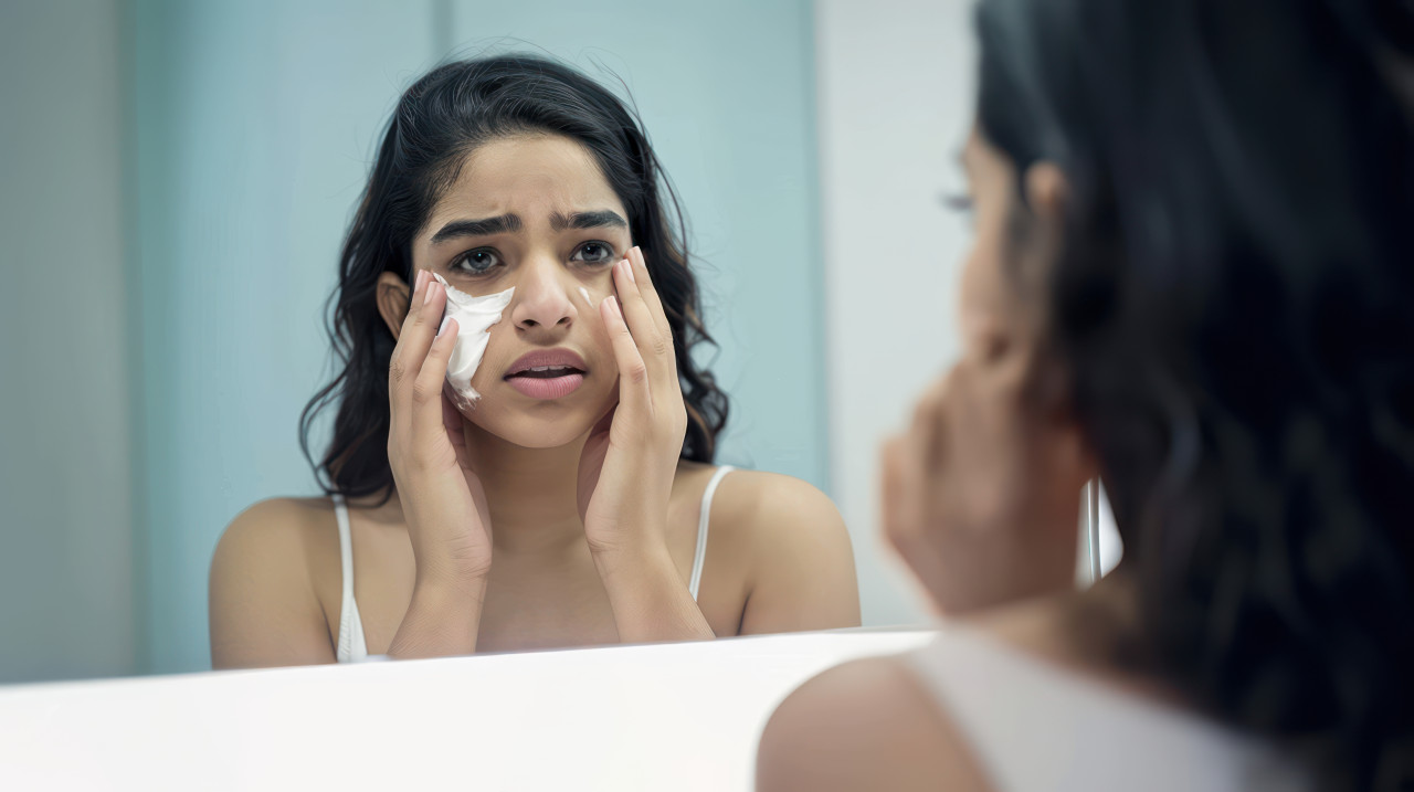 An indian woman touching her face in front of the mirror showing skin care skincare concept
