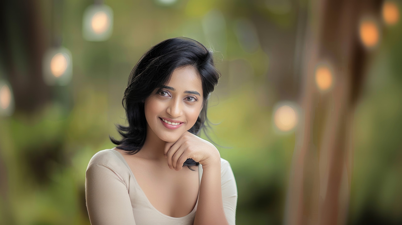 An indian woman with black hair smiling while touching her chin against a blurry background skincare concept