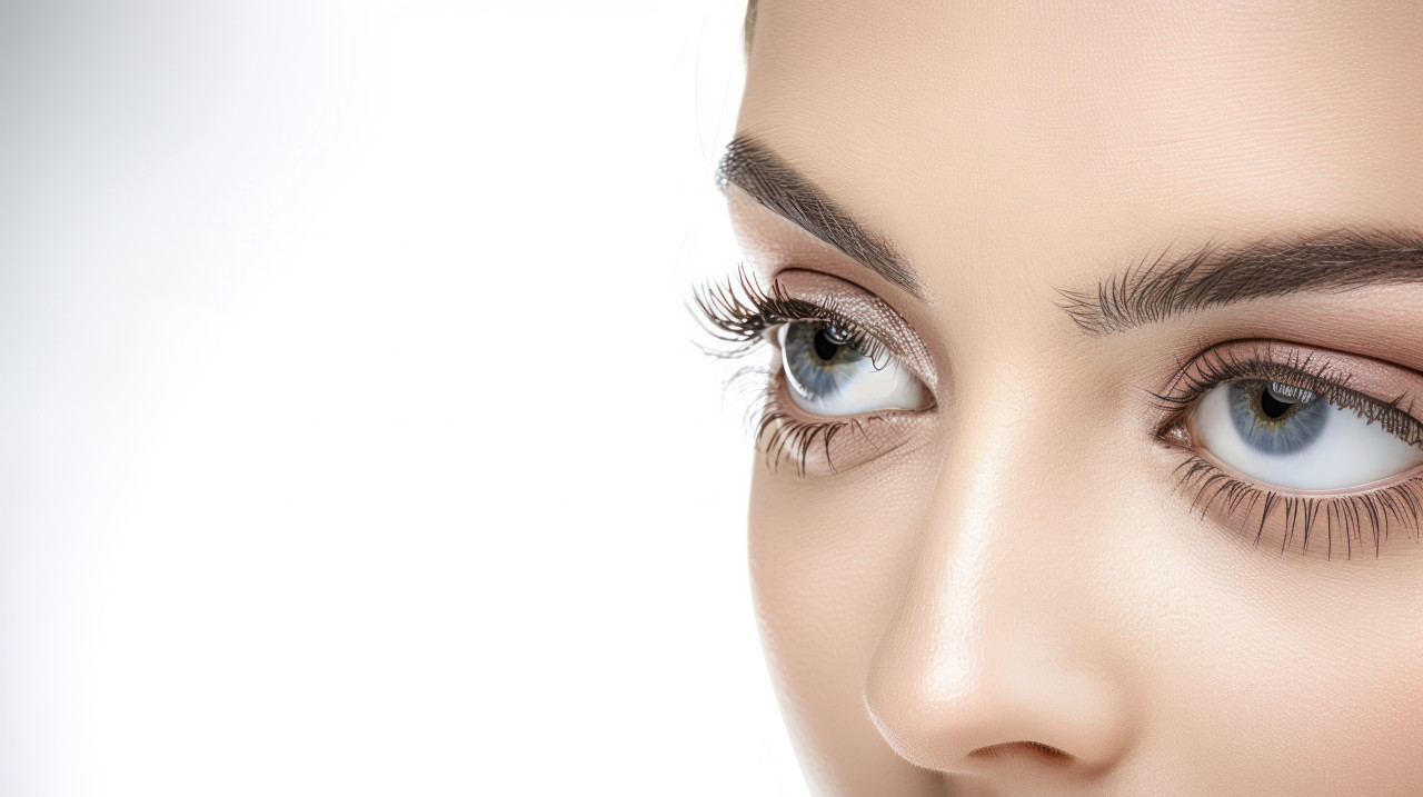 A woman face with perfect eye makeup against a white background skincare concept