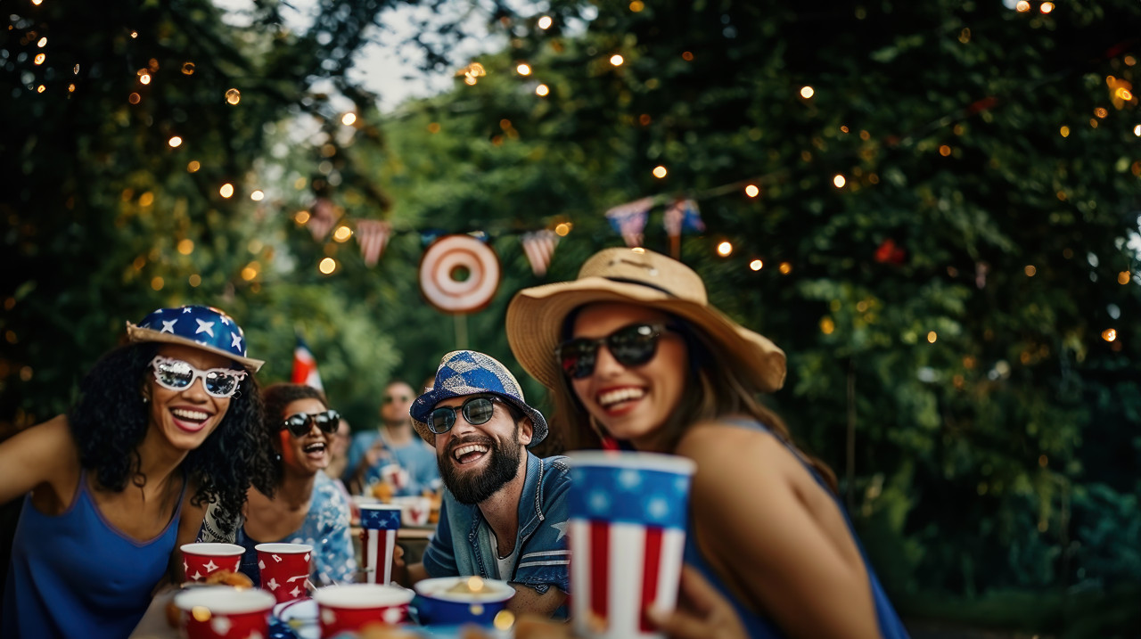 A group of friends having fun an outdoor party dressed in usa outfits and wearing sunglasses showing friendship day