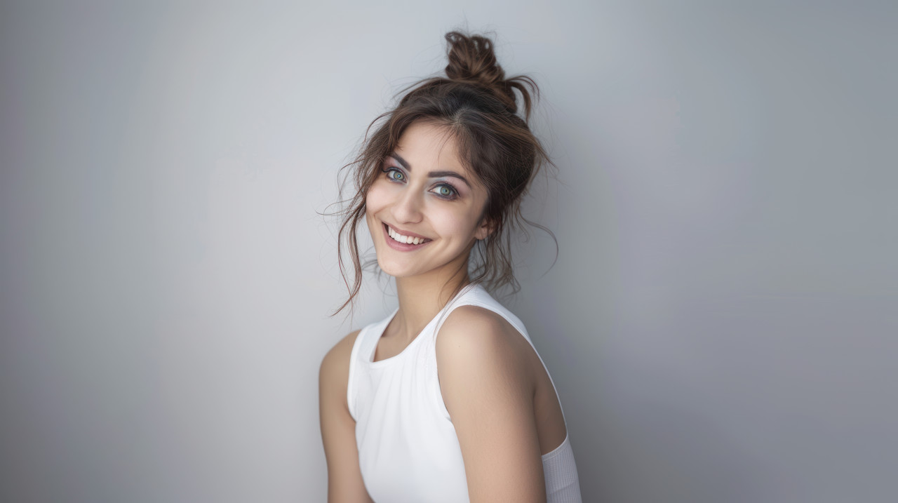 An american woman wearing a white sleeveless top smiling against a plain light grey background skincare concept