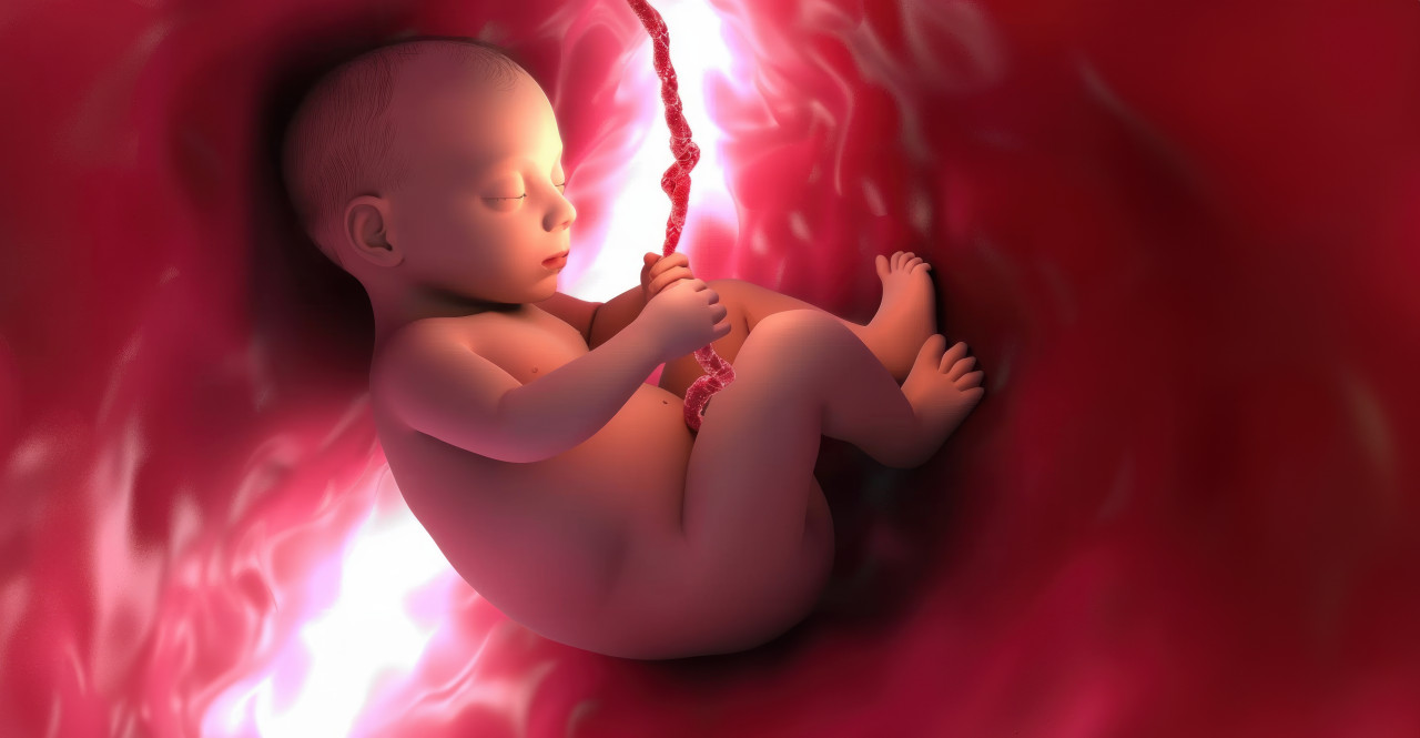 3d animation of baby inside the mother womb swinging in the belly fetus concept