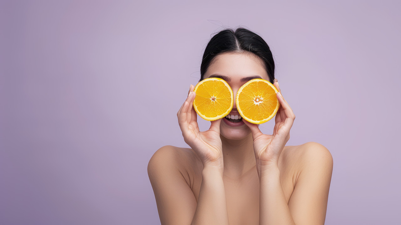 An indian woman playfully holding two orange slices in front of her eyes against a light purple background beauty treatment concept