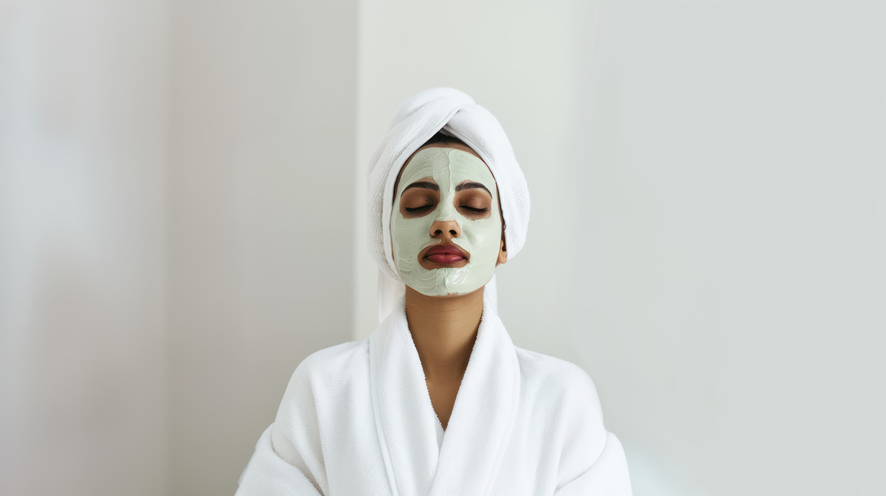 An indian woman wearing a white robe and towel receiving a facial treatment at a spa salon beauty treatment concept
