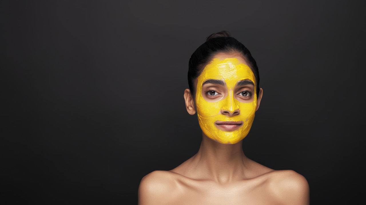 An indian woman with a yellow facial mask on an isolated black background beauty treatment concept