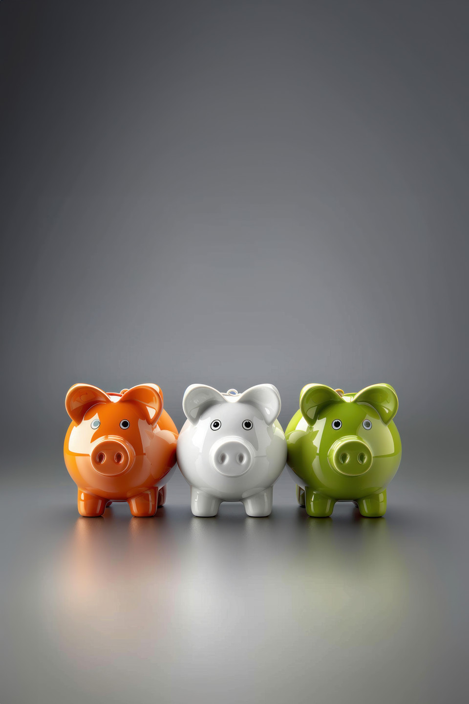 Three ceramic piggy banks in orange white and green colors standing on gray background symbolizing independence day