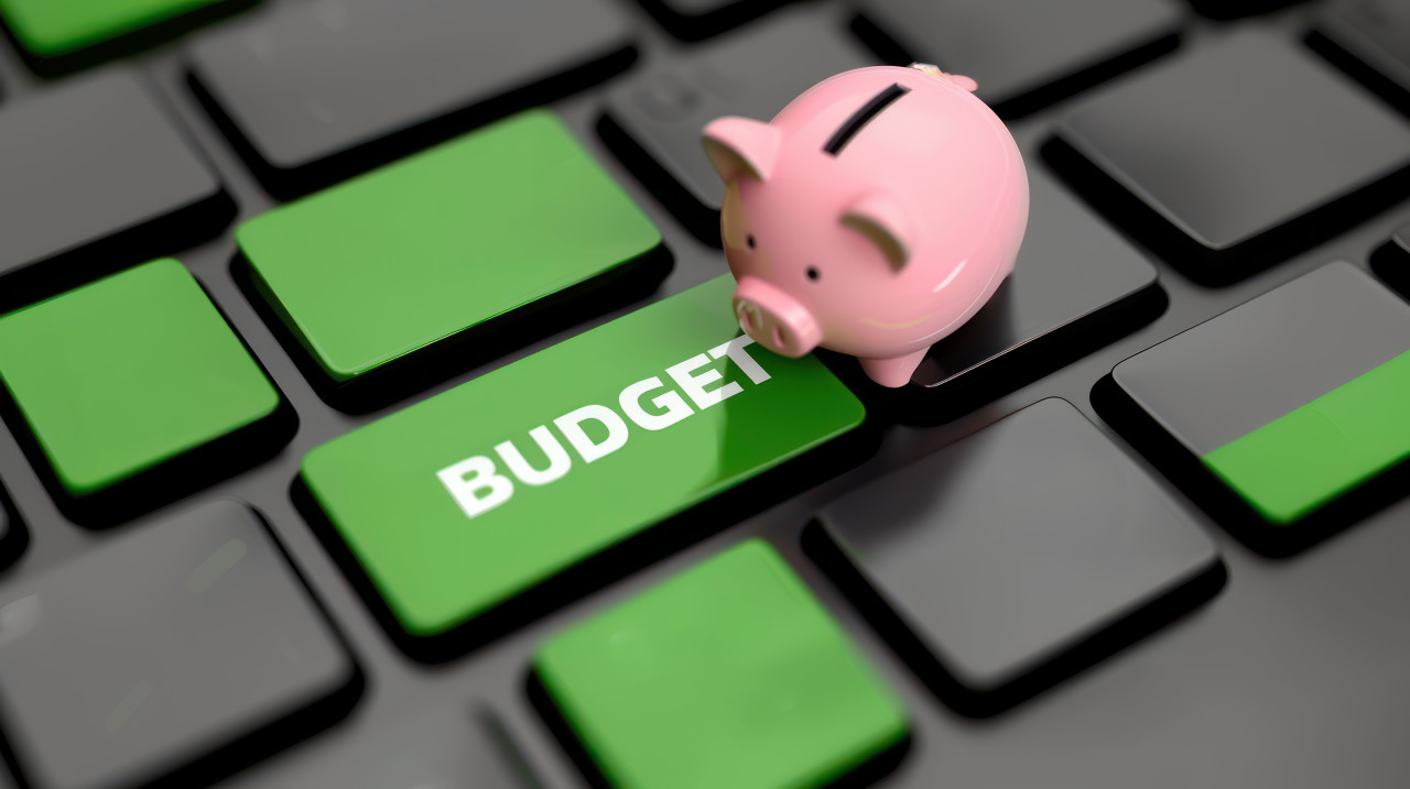 A green keyboard key with the word budget on top small pink piggy bank illustrating budget concept
