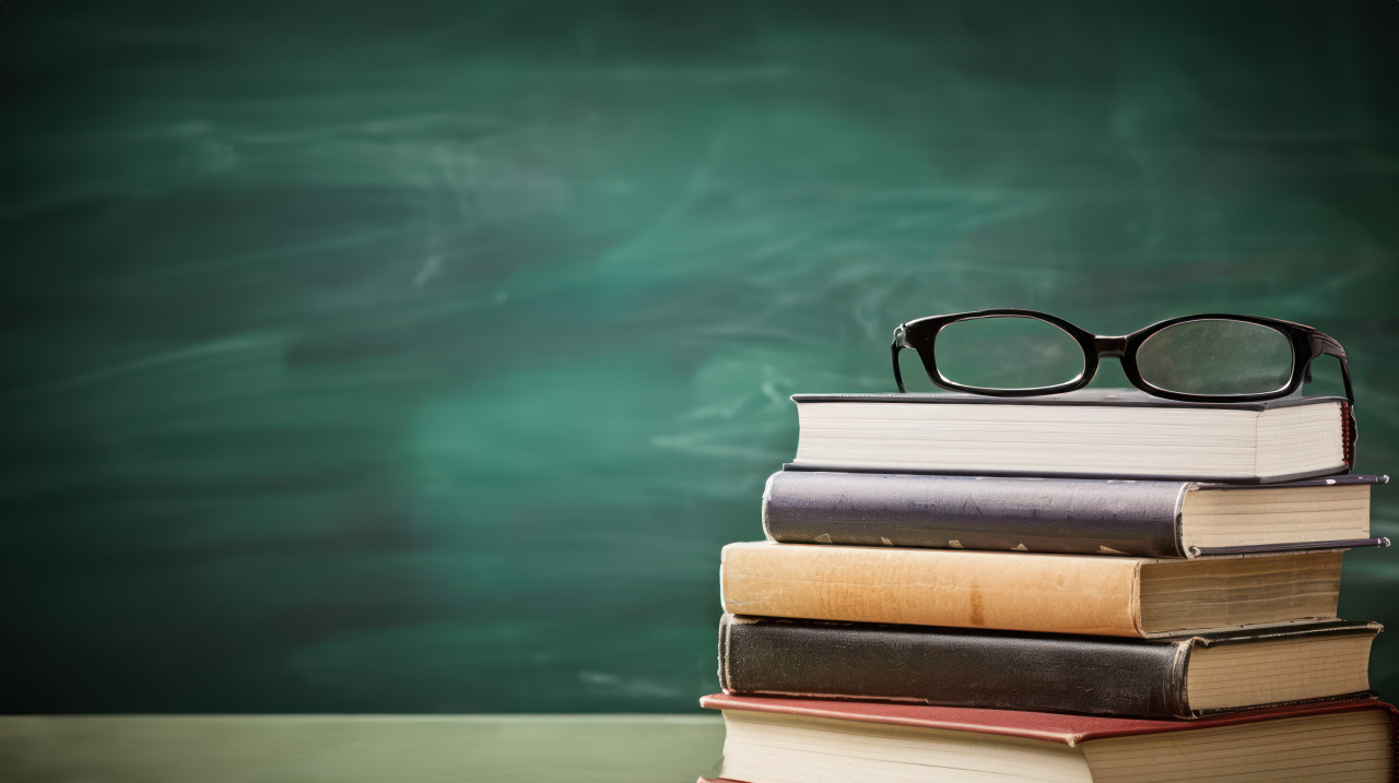 Books stacked neatly with glasses and pencils on a classroom chalkboard celebrating teachers day educational tools, student learning environment, teacher appreciation